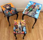 3 Eclectische tafeltjes, zwart metallic, panter, chimpansee, Minder dan 45 cm, Minder dan 55 cm, Rond, Ophalen of Verzenden