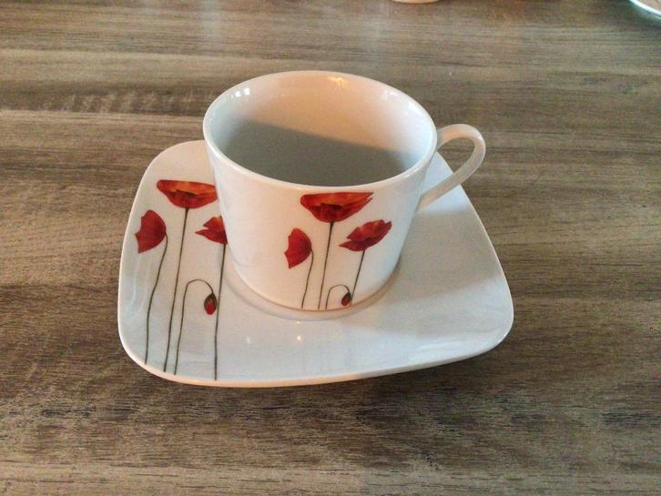 Kop en schotels met klaproos, Huis en Inrichting, Keuken | Servies, Zo goed als nieuw, Kop(pen) en/of Schotel(s), Overige stijlen