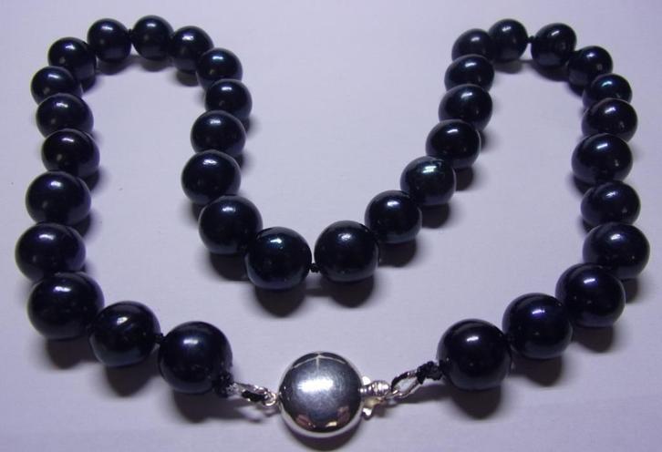 Nieuw zwart parelcollier, 47 cm, 65 gr, 925 zilveren slot, Sieraden, Tassen en Uiterlijk, Kettingen, Nieuw, Zilver, Zwart, Met edelsteen