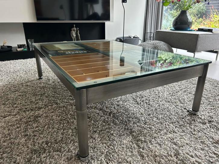 Glazen salontafel met houten inlegbakken, Huis en Inrichting, Tafels | Salontafels, Gebruikt, Minder dan 50 cm, 50 tot 100 cm