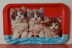 Retro vintage stalen dienblad met decor van 3 poesjes, Ophalen of Verzenden, Gebruikt, Rechthoekig, Metaal