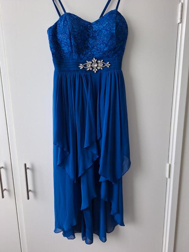 Mooie Feestjurk - Blauw, Kleding | Dames, Jurken, Gedragen, Maat 42/44 (L), Blauw, Onder de knie, Ophalen of Verzenden