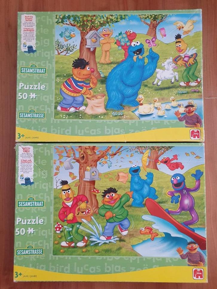 2 puzzels van Sesamstraat, Kinderen en Baby's, Speelgoed | Kinderpuzzels, Zo goed als nieuw, 4 tot 6 jaar, 10 tot 50 stukjes, Ophalen of Verzenden