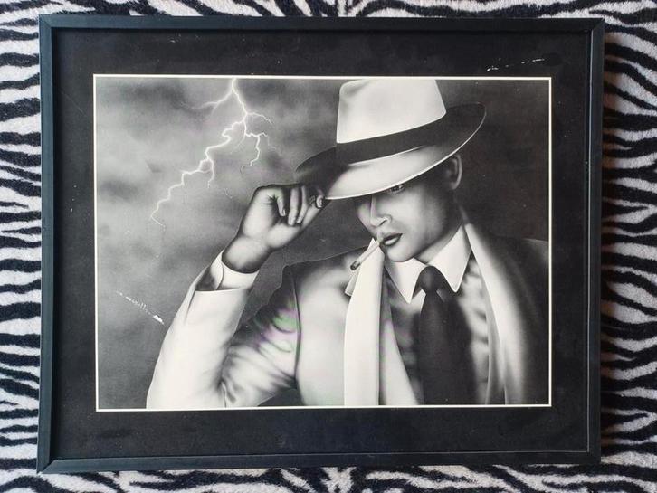 Foto in lijst. Vintage Kunstwerk - Man met Hoed en Bliksem, Antiek en Kunst, Kunst | Tekeningen en Foto's, Ophalen of Verzenden