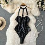 Zwarte kunstleren halter dames romper bodysuit wetlook sexy, Verzenden, Zwart, Body of Korset
