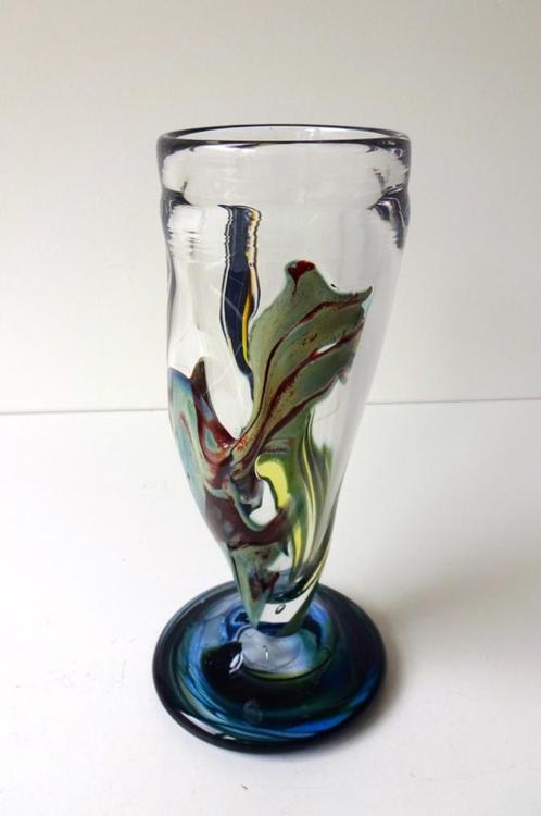 Glazen vaas helder blauw groen Bernard Heesen unica 3615-g, Antiek en Kunst, Antiek | Glas en Kristal, Ophalen of Verzenden