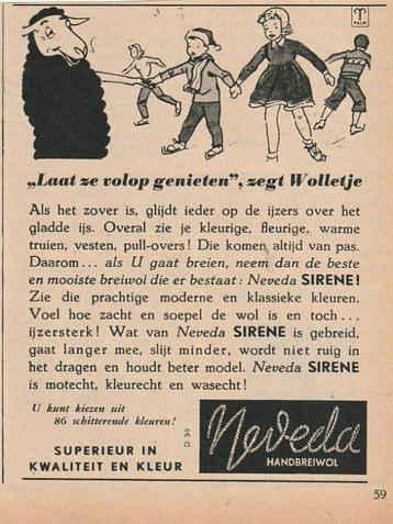 retro reclame 1950 Neveda wol kindermode schaatsers beschikbaar voor biedingen