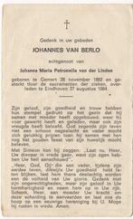 Johannes van Berlo 1892 Gemert + 1964 Eindhoven, 71 jaar, Verzenden, Bidprentje