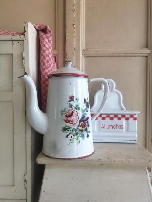Emaille Franse koffiepot met rozen en violen Japy, Antiek en Kunst, Antiek | Emaille, Ophalen of Verzenden