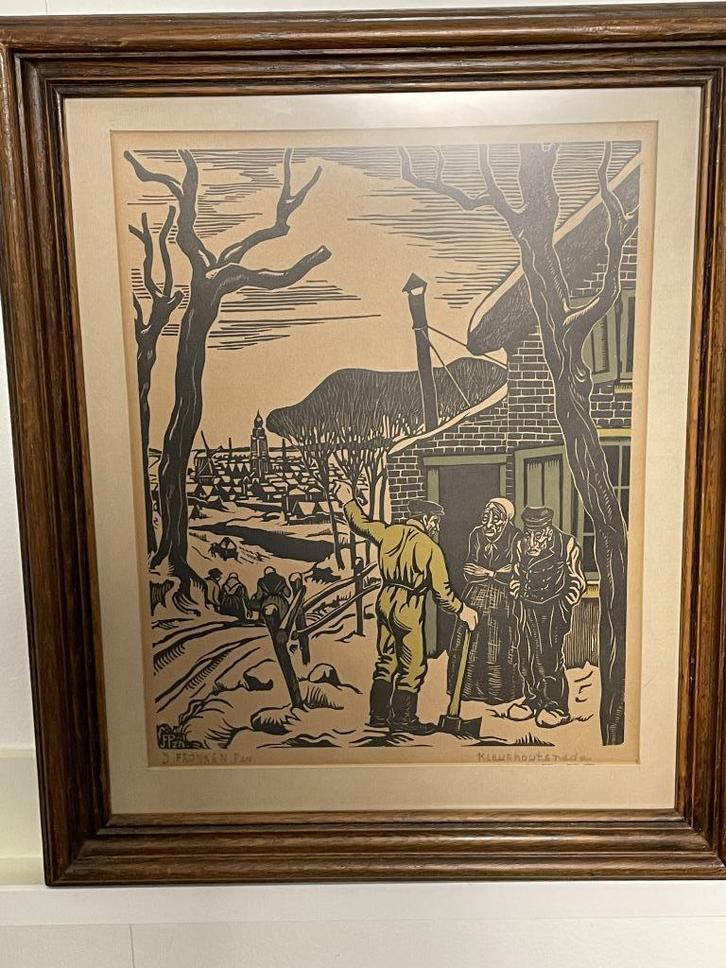Houtsnede Franken, J. Pzn. Boer en Boerin in gesprek, Antiek en Kunst, Kunst | Etsen en Gravures, Ophalen of Verzenden