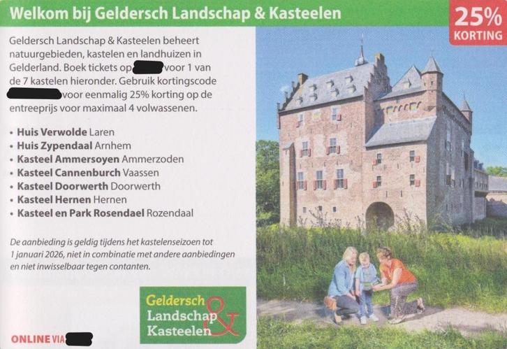Geldersch Landschap & Kasteelen 25% korting. Postcodeloterij, Tickets en Kaartjes, Musea, Drie personen of meer, Kortingskaart