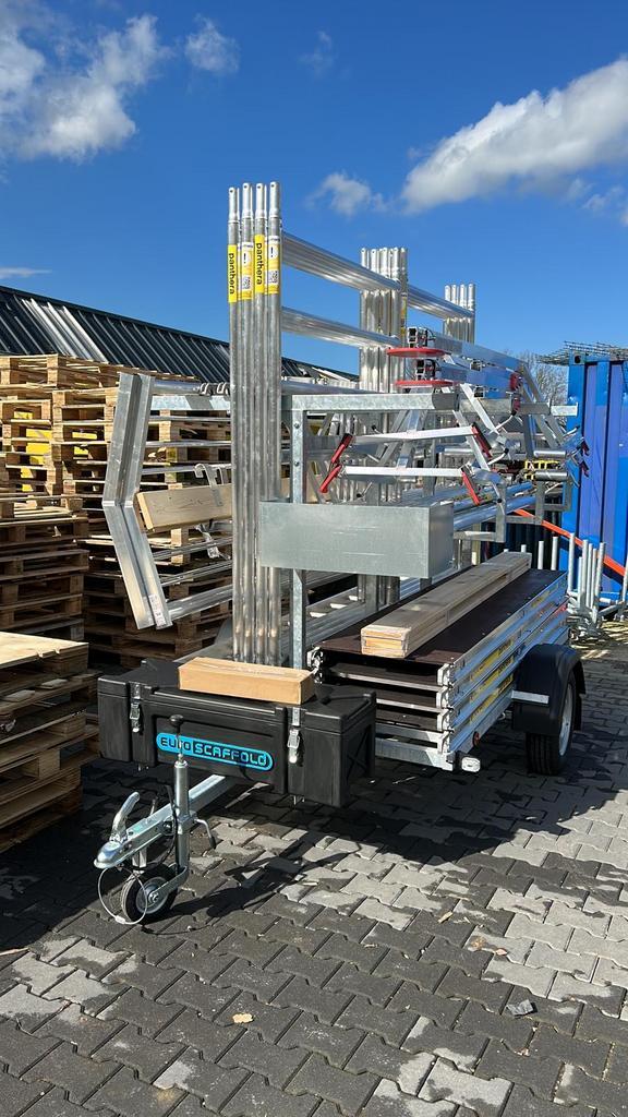 Steigeraanhanger compleet met RSS-systeem, uitwijkconsole…, Doe-het-zelf en Verbouw, Steigers, Gebruikt, Gevelsteiger, 5 meter of hoger