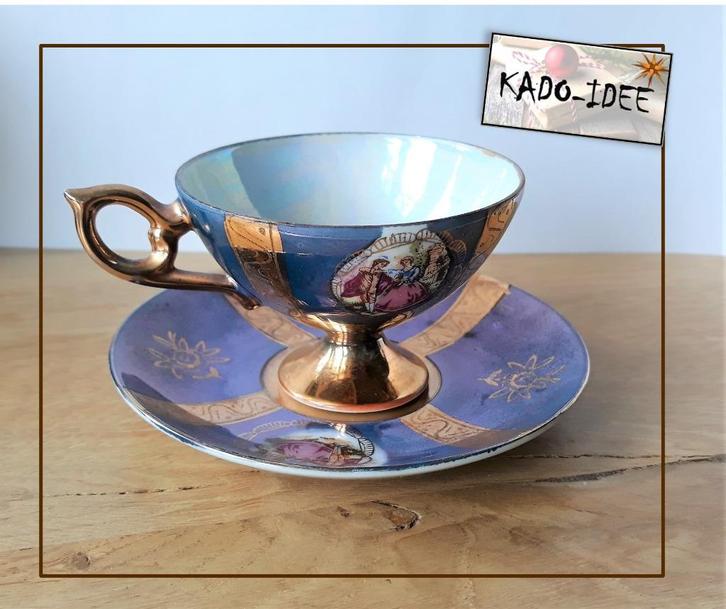 Blauw verguld parelmoer kop en schotel – porselein, Antiek en Kunst, Antiek | Servies los, Ophalen of Verzenden