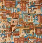 Lap stof met poppenhuizen bruin blauw vintage antiek, Verzamelen, Ophalen of Verzenden, Nieuw, Textiel