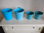 4 Turquoise, blauwe emmertjes van metaal als bloempot, Rond, Ophalen of Verzenden, Zo goed als nieuw, Balkon