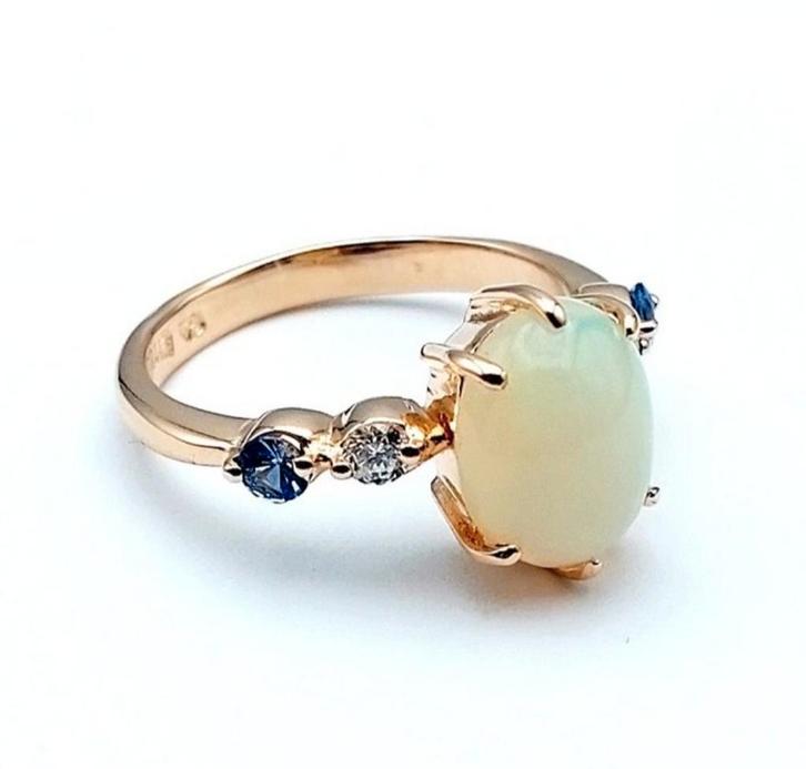 Rosé Gouden Ring met Opaal, Saffier & Diamant, Sieraden, Tassen en Uiterlijk, Ringen, Nieuw, Dame, Goud, Goud, Verzenden