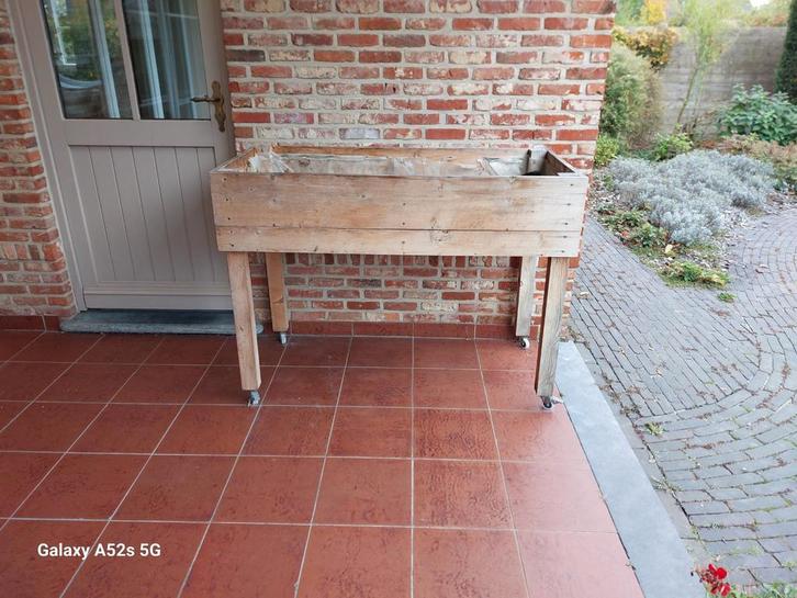 Houten Kruidenbak op Wielen, Tuin en Terras, Bloembakken en Plantenbakken, Gebruikt, Hout, Binnen, Balkon, Tuin, 30 tot 60 cm