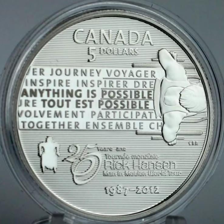 Canada - Silver 5 Dollar 2012 - Rick Hansen Man-In-Motion, Ophalen of Verzenden, Noord-Amerika, Setje, Zilver