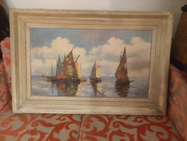 Olieverf schilderij met zeilboten – Enrico Micelli 78x57cm, Antiek en Kunst, Kunst | Schilderijen | Klassiek, Ophalen