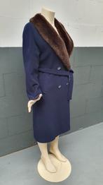 Lange mantel, donkerblauw, lamswol, bontkraag. Mt. 38. S24, Tweedehands verkoop, Blauw, Ophalen of Verzenden, Tweedehands verkoop