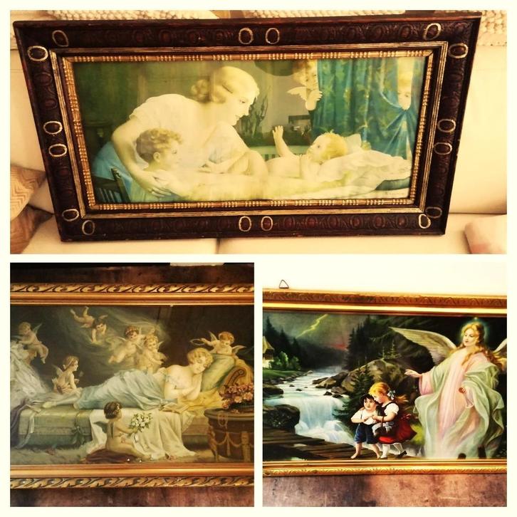Prent schilderij religieus moeder kindjes engelen in lijst, Antiek en Kunst, Curiosa en Brocante, Ophalen