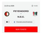Feyenoord - NEC 2x vak Y, Tickets en Kaartjes, Seizoenskaart, Twee personen, November