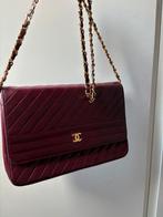 Vintage Burgundy&24kgold single flap lambskin chanel cevron, Ophalen of Verzenden, Gebruikt, Rood, Schoudertasje