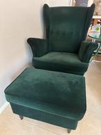 donkergroene strandmon stoel met voetenbank, Huis en Inrichting, Ophalen, Gebruikt, Mooie fluwele stof, 75 tot 100 cm