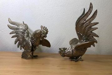 2 Metaal Pewter ornament Kemphanen 20e eeuw tafelstukken beschikbaar voor biedingen