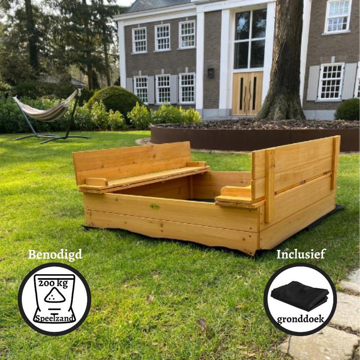 Rijoka Houten Zandbak – 2 Banken – 98x98x22cm, Kinderen en Baby's, Speelgoed | Buiten | Zandbakken, Nieuw, Ophalen of Verzenden