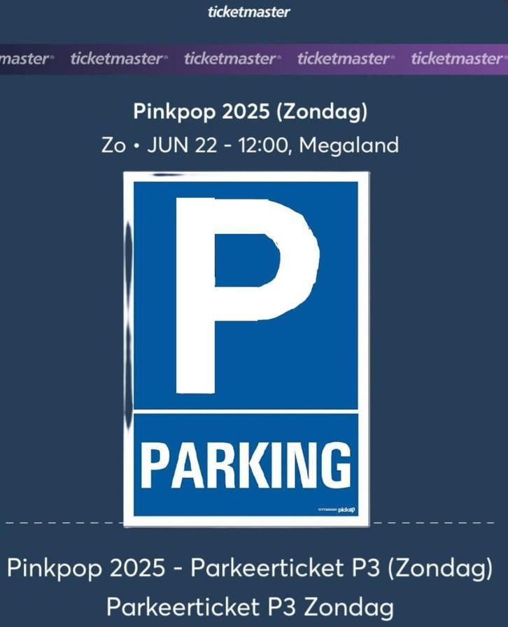 Parkingticket P3 zondag (22/06) PinkPop, Tickets en Kaartjes, Concerten | Overige, Eén persoon, Juni