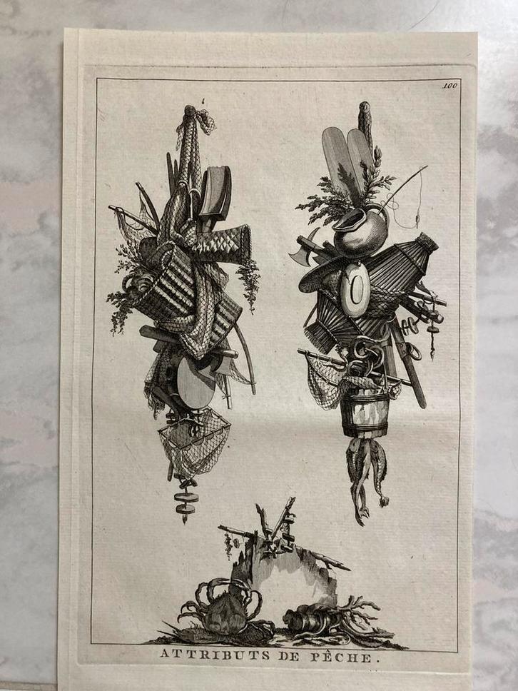 Etienne Fessard, Attributs de pèche, 1771, gravure, 24x15cm., Antiek en Kunst, Kunst | Etsen en Gravures, Ophalen of Verzenden