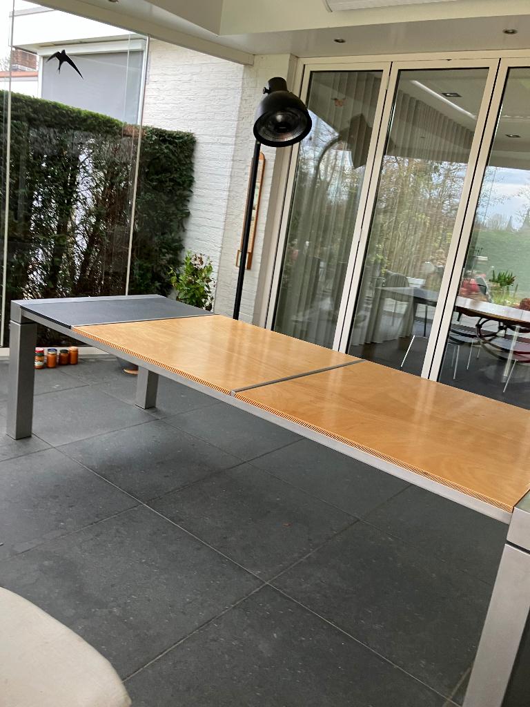 tuintafel  3 meter bij 1meter blad hout met steen combinatie, Ophalen of Verzenden, Zo goed als nieuw, Rechthoekig, Hout