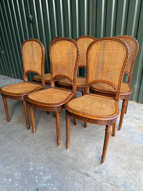 Set/6 Art Deco Webbing Stoelen Met Hout Snijwerk, Antiek en Kunst, Antiek | Meubels | Stoelen en Banken, Ophalen of Verzenden