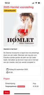 Toegangskaartje | Shakespeare Diever | 5 sept, Tickets en Kaartjes, Theater | Cabaret en Komedie, Eén persoon, September