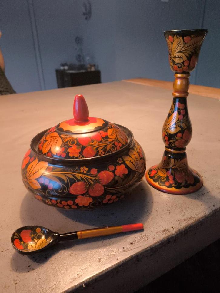Vintage Russische Pot met Lepel & Kaarsenstandaard, Antiek en Kunst, Antiek | Kandelaars, Overige materialen, Ophalen of Verzenden