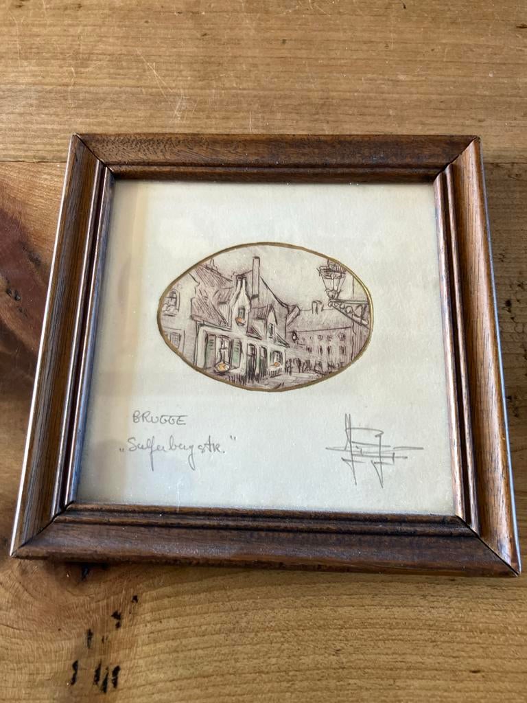 Ets van Brugge in houten lijst, Antiek en Kunst, Kunst | Etsen en Gravures, Ophalen of Verzenden