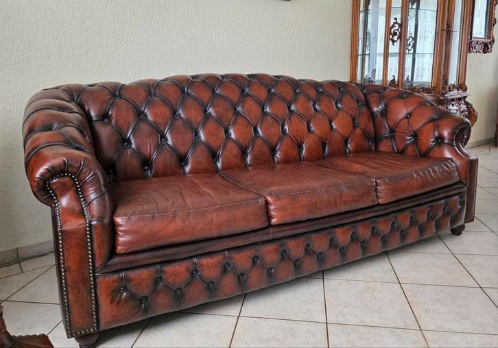 Chesterfield bankstel 3,2,1, zit, Huis en Inrichting, Banken | Bankstellen, Gebruikt, Rechte bank, 150 cm of meer, Leer, Ophalen