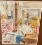 Hans Bayens  Aquarel  Gesigneerd  Koffie drinken  34x40 cm /, Antiek en Kunst, Ophalen