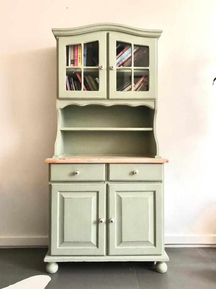 Houten, compacte brocante buffetkast mintgroen – 2-delig, Huis en Inrichting, Kasten | Buffetkasten, Zo goed als nieuw, 150 tot 200 cm