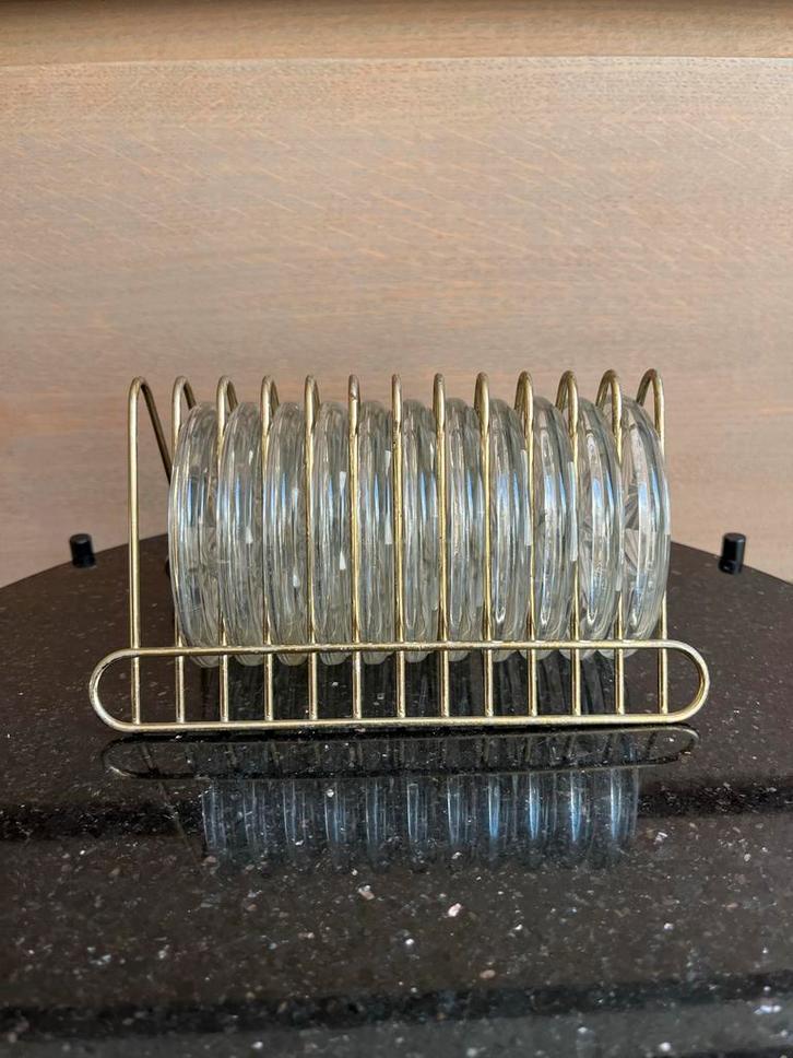 Vintage Glazen Onderzetters met Gouden Houder - Jaren 60, Huis en Inrichting, Woonaccessoires | Onderzetters, Gebruikt, Glas of Kopje
