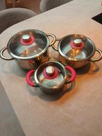 Set van 3 pannen met roze accenten, Ophalen, Overige materialen, Gebruikt, Inductieplaat