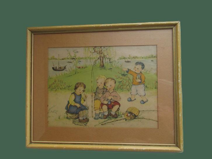 Chinese tekening Vissende kinderen~Antieke Tekening ~Hout, Antiek en Kunst, Kunst | Tekeningen en Foto's, Ophalen of Verzenden