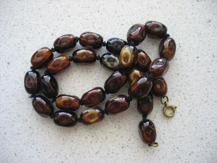 KettingGeknoopt MuranoKralen Gevlamd Bruin Vintage, Sieraden, Tassen en Uiterlijk, Antieke sieraden, Ketting, Overige materialen