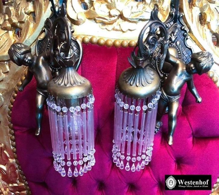 2 Wandlampen antiek barok engelen beelden brons met kristal, Antiek en Kunst, Antiek | Lampen, Ophalen of Verzenden