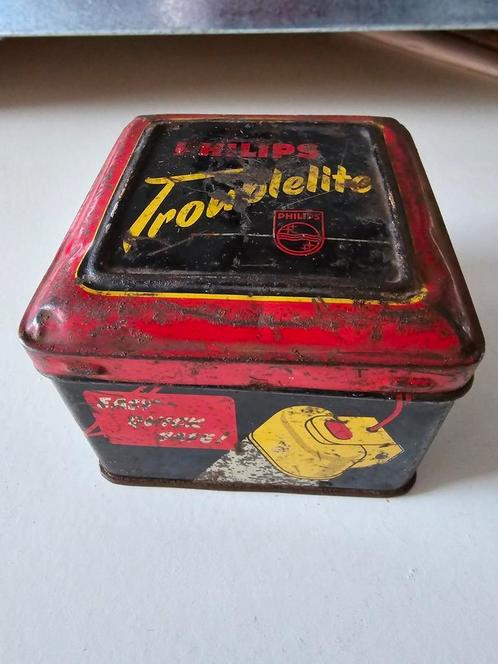 Zeldzaam antiek blik Philips Troublelite 1959 met inhoud €35, Verzamelen, Blikken, Zo goed als nieuw, Overige, Overige merken