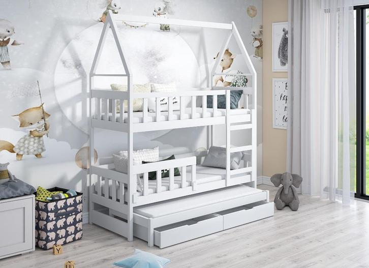 Stapelbed HOUSE 3 personen 160x75/180x75 witte kleur, Kinderen en Baby's, Kinderkamer | Stapelbedden en Hoogslapers, Nieuw, Stapelbed