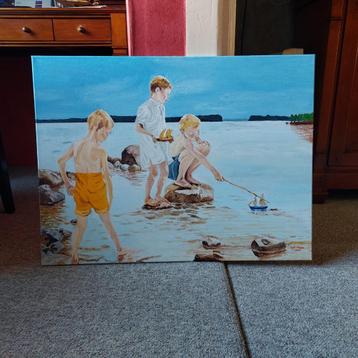 impressionisme spelende jongens op strand van langen beschikbaar voor biedingen