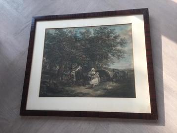 Prent met mooie mahoniehouten lijst ontspiegeld glas 50x60 beschikbaar voor biedingen