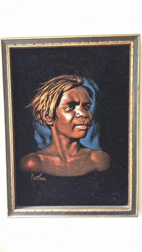 Schilderij op Zwart Fluweel ~ afb. ABORIGINAL, Sig. MARTINUS, Antiek en Kunst, Kunst | Niet-Westerse kunst, Ophalen of Verzenden